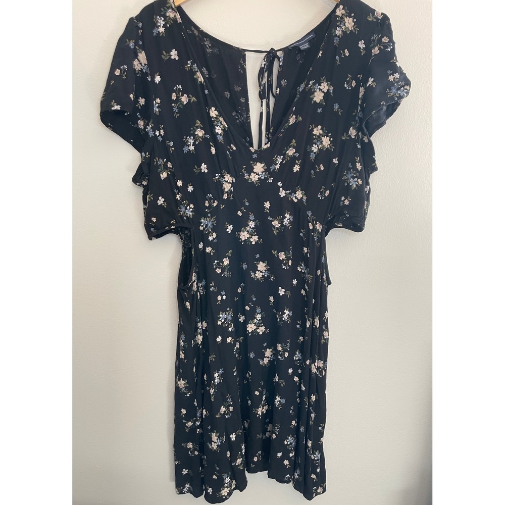 American Eagle Cut Out Dress Black Floral V-Neck Open Back Whimsigoth Fairy